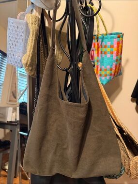 Olive Suede Shoulder Tote Bag - Unbranded